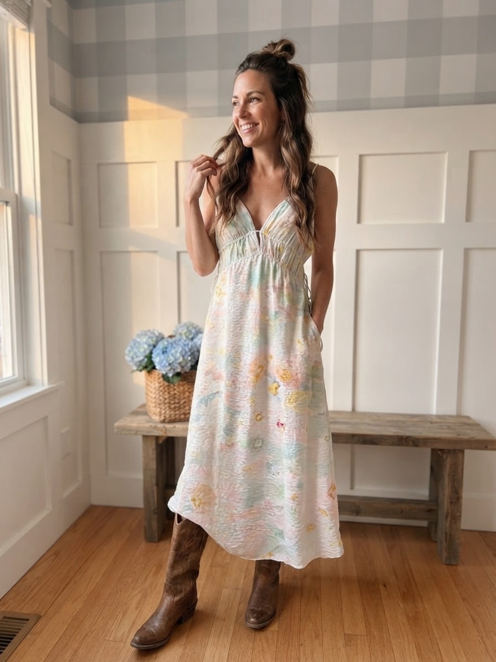 H&M Pastel Floral V-Neck Maxi Dress - White with Pink, Yellow, Mint Medium